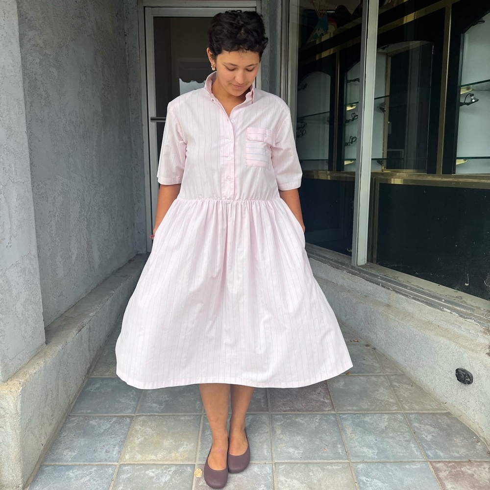 Vintage 90s L/XL Hunter’s Run Pink Pinstripe Shirt Dress